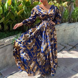 Этническая одежда Wepbel с плиссированным мусульманским платьем лето на Ближнем Востоке Голубая печатная Исламская халата Абая Большое качели долго для женщин