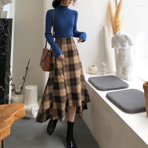 Skirts Vintage Plaid Irregular Wool Long Skirt Women Korean Style Elegant Slim A-line High Waist Pleated Midi Harajuku Streetwear