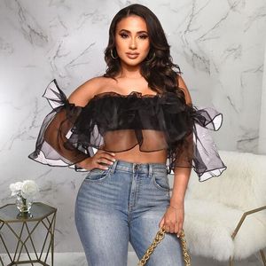 Women's Blouses KEXU Organza See Though Sexy Ruffles Women Blouse Off Shoulder Flare Sleeve Crop Top Streetwear Slash Neck Solid Shirt