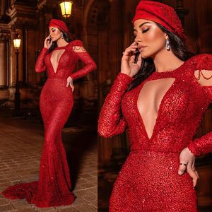 Exquisite rote Prom -Kleider Spitze Quasten Party Kleider Langarmes Paillettenberge Mermaid Custom Made Evening Kleid