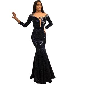 FDHAOLU FU119 Abito da sera a sirena a maniche lunghe Abito da cerimonia con paillettes blu navy Abito da festa robe de soiree Abiti da ballo a sirena