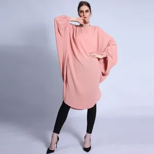 Vestidos casuais mid-comprimento vestido de manga morcego para mulheres moda sólida pulôver muçulmano abaya solto turquia islam roupas verão