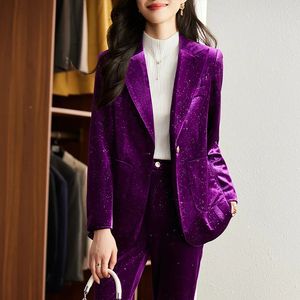 Women's Two Piece Pants High Quality Fabric Velvet Women Business Suits with and Jackets Coat Autumn Winter Work Wear Blazers Set Pantsuits 231124