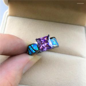 Anéis de casamento vintage feminino quadrado roxo anel de cristal charme 14kt cor de ouro preto para mulheres engajamento de opala azul delicado