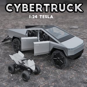 Action Toy Figures 1 24 Tesla Cybertruck Truck Alloy Car Model Diecasts Vehicles Pickup Motorcycle Decoration Kid Boys s Christmas Gifts 230426