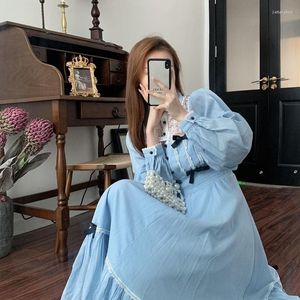 Sıradan Elbiseler Herstory Bahar Sonbahar Dantel Mavi Tek Parça Elbise Kore Moda Yay Zarif Tatlı Kadın Parti Peri Kawaii Kadın