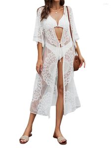 Menas de banho feminina Blusa de natação Proteção solar, veja através do Sarong Lace Cardigan Kimono Floral Crochet Loose Size Plus Tamanho Cobertão da praia