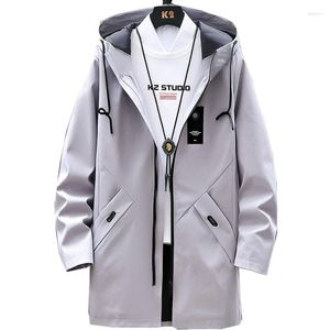 Herrjackor varumärke Windbreaker Men's Autumn Casual Long Trench Coats Men Black Fashion Hooded Jacket Pocket Clothes Plus Size