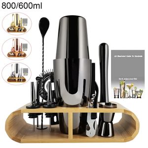 Bar Tools 13pcs Black Rose Gold Mixer Jigger Metal Bartender Boston Cocktail Shaker Mixer Drink Tool Bar Set Kit Wooden Stand Base 231124