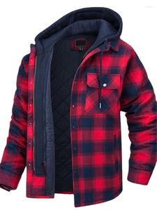 Men's Jackets Men's Winter Flannel Cotton Shirt Warm Jacket With Hood Long Sleeve Quilted Lined Plaid Button Down Thick Hoodie Outwear