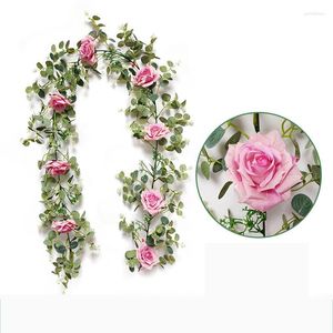 Fiori decorativi Vite di rosa artificiale da 6 pollici Decorazione di ghirlanda di fiori finti Eucalipto appeso con disposizione dell'arco di nozze champagne