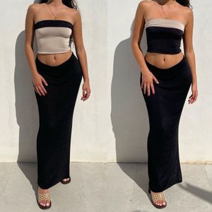 Two Piece Dress ZHYMIHRET Elegant Reversible Tube Top And Slit Midi Skirt Women's Sets 2023 Summer Patchwork Set Female Beach 230425