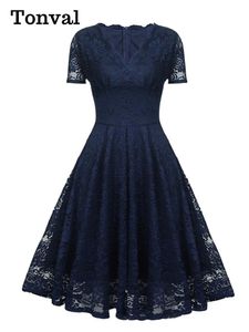 Dress Tonval VNeck High Waist Lace Elegant Party Vintage Midi Dresses for Women 2022 Short Sleeve Summer Style Pleated Swing Dress