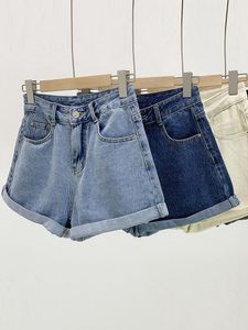 Jeans sommar korta kvinnor hög midja lösa manschetter jeans lady high street wide ben korta byxor kvinnlig aline tvättade jeans