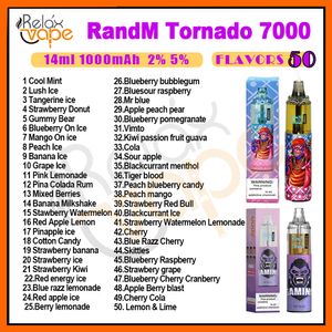 Original RandM Tornado 7000 Puff Einweg-Vape-Stift, 7k elektronische Zigaretten, 14 ml Pod-Mesh-Spule, 6 leuchtende Farben, 2 % 5 % Level, wiederaufladbares, luftverstellbares Kits-Gerät