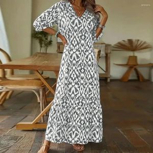 Casual Dresses Women Printed Dress Stylish Women's V-ring Maxi Colorful Print Patchwork Loose Fit Ankle Length For Spring Fall