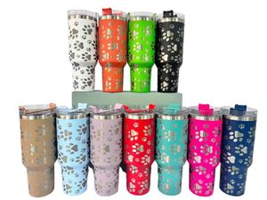 40oz Dog Paw print Tumbler with Handle and Straw Stainless Steel Insulated Leopard Travel Mug Cat Paw print Tumbler Insulated Tumblers Multi colors