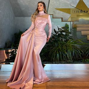 Pink Mermaid Satin Evening Dresses Bead Ruched Sheer Neck Celebrity Gown with Detachable Train Arabic Dubai Vestido De Novia