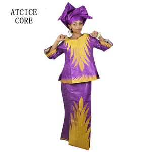 Ethnic Clothing African Dresses For Women Church Dress Bazin Riche Embroidery Design Robe Top Scarf Three Pcs One Set 230425