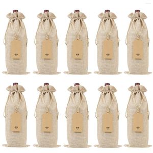 Gift Wrap Burlap Wine Bags With Drawstrings Single Reusable Bottle Covers Ropes And Tags (10 Pcs)