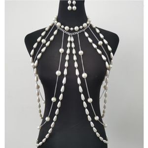 Chains RJS29 Silver White Plastic Pearls Neck Bra Body Jewelry Unique Top Costume 2 Colors