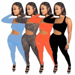 sexy Jumpsuits Women Long Sleeve Hollow out Rompers Fahion One Shoulder Bodycon Jumpsuits Casual Black Leopard One Piece Outfits Night Club Wear 8698 E0j3#