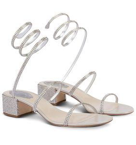 Lyxigt varumärke Rene Caovilla Cleo Sandals Shoes Women Glitter Soles Crystal-Embellished Spiral Wraps Strap Low-Heeled Party Wedding Dress Gladiator Sandalias