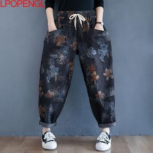 Jeans Autumn Art Retro Hip Hop Gótico Jeans Alta Cantura Ponta de harém impressa de algodão Louse de algodão Estilo nacional 2021 Novo