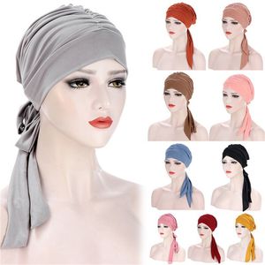 Hijabs Mulheres muçulmanas esticam rugas sólidas chapéus de turbante câncer grão de quimioterapia tampa prety lenwf headwearwrap acessórios para cabelo banhado 230426