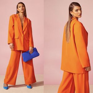夏のオレンジ色の女性パンツスーツセットスーパーロングブレザーワイドレッグカスタムメイドファッションオフィスレディーパーティープロムドレス
