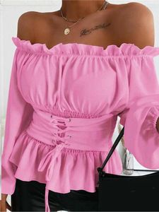 Женские блузки элегантная блузка с плеча с толчкой обезживание тонкие розовые и топы 2023 весенняя осенняя женщина белая повседневная рубашка топ