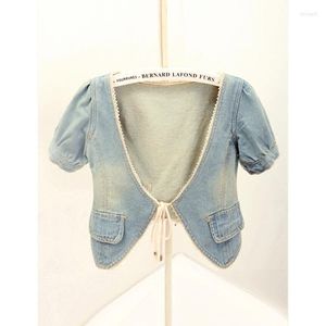 Giacche da donna Giacca corta da donna vintage 2023 Manica estiva con scollo a V Denim lavato Jeans blu Cappotto Cardigan coreano C253