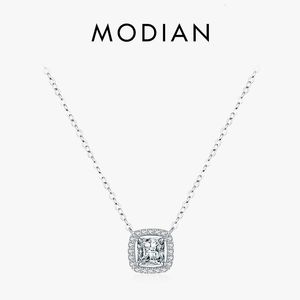 Pendanthalsband Modian Real 925 Sterling Silver Exquisite Square Shiny Zirconia Pendant Clear Cz Chain Necklace For Women Wedding Fine Jewelry 230425