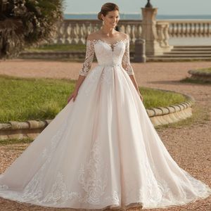 Lantejoulas brilhantes vestidos de casamento de renda com trem de varredura mangas compridas miçangas plus size vestidos de noiva árabe luxo robes de mariee cristal brilhante boho vestido de novia