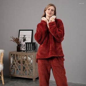 Kvinnors sömnkläder Kvinnor Pyjama Set Coral Fleece Thicken Loose Trawsuit Two Piece Winter Warm Causal Lounge Wear Couples Pyjamas 2xl