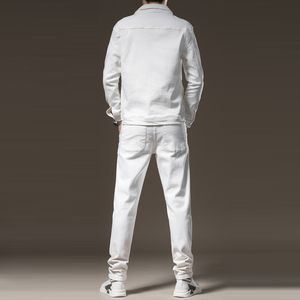 Spring Autumn Tracksuits White Stretch Jeans Set för män Casual Slim Long Sleeve Jacket and Pants 2st Set Size M-5XL Male Clothi221L