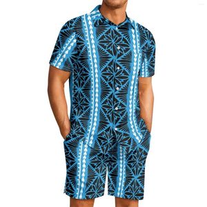 Tute da uomo Tribale polinesiano Totem Totem Tatuaggio Tonga Stampe Stile uomo Risvolto Comfort Pantaloncini a maniche corte traspiranti Tuta sportiva blu