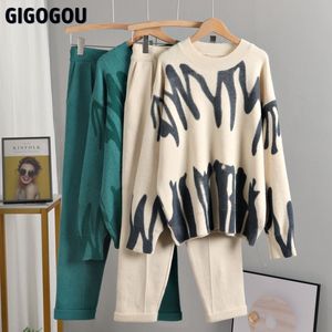 Women's Two Piece Pants GIGOGOU OverSized Tie Dye Winter Knit Set Women Harem Pant Suits Loose Sweaters Jogging Knitted Tracksuit Outfits 230426