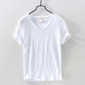 Herren T-Shirts Sommer 100% Baumwolle T-Shirt Männer V-Ausschnitt Einfarbig Freizeit T-Shirt Basic T-Shirts Plus Größe Kurzarm Tops Y2449 230425