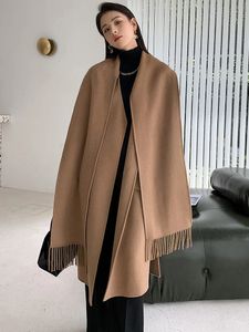 Women's Wool Blends CAIXINGLE Scarf Collar Double Sided 100 Coat Korean Style Medium Long Solid Color Overcoats Female Luxury Clothing 2R9670 231124