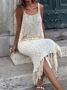 Two Piece Dress Sets Knitted Camisole Blouse Tassel Skirt Sexy See Through Summer Mesh Beach Suits Hollow Out Sling Tops 230426