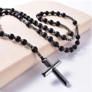 Pendant Necklaces Cross Religious Jewelry Catholic Christ Rosary Necklace Matte Black Onyx Beaded With Hematite