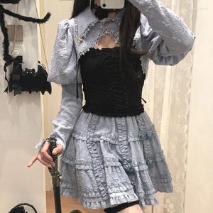 Arbeitskleider Schwarzer Lolita-Stil Dreiteiliges Set Damen Gothic Retro Rose Knight Minirock Anzug 2023 Y2k Kurzmantel Kawaii Bandage Camis