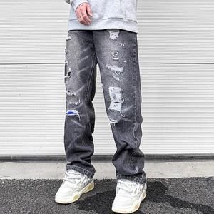 Desfiado buraco danificado lavado preto baggy jeans para homens streetwear em linha reta casual calças jeans soltas calças de carga