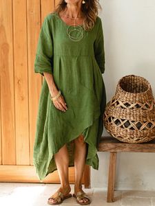 Casual klänningar kvinnor v hals bomull linne klänning våren solid lös oregelbunden boho fest sommar 3/4 ärm lång strand vestidos