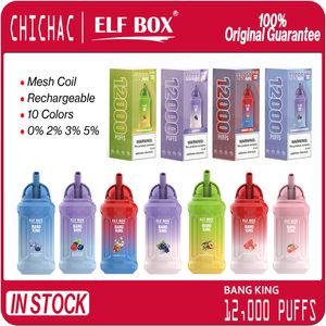 Orijinal Elf Box Bang King 12000 Puflar Tek Kullanımlık Vape E Sigara Sistemi Puff 12K Şarj Edilebilir Mesh Bobin Varları 0% 2% 3% 5% 10 Renk Buharlaştırıcılar