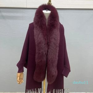Scarves Women Luxury Real Fox Fur Trimmed Wool Shawl Cloak Cape Dress Party Wraps For Winter