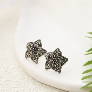 Orecchini a bottone autentico argento sterling 925 petalo signora stile retrò tailandese intarsiato marcasite orecchino conciso regalo di gioielli alla moda