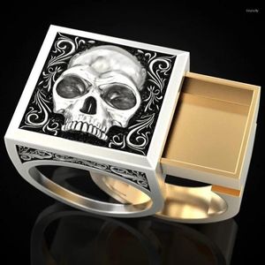 Cluster Rings Retro Punk Men Skull Ring Secret Compartment Double Layer Coffin Skeleton For Women Drawer Boho Jewelry