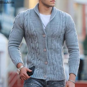 Autumn Winter Men's Warm Knitted Sweater Solid Single-breasted Twisted Texture Cardigan Lapel Slim Buttoned Thick Sweater